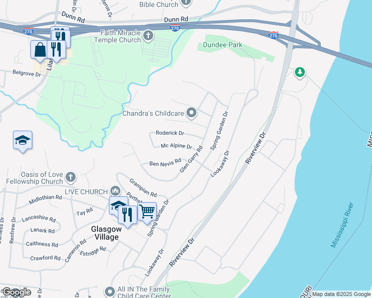 map of restaurants, bars, coffee shops, grocery stores, and more near 138 Roderick Drive in St. Louis