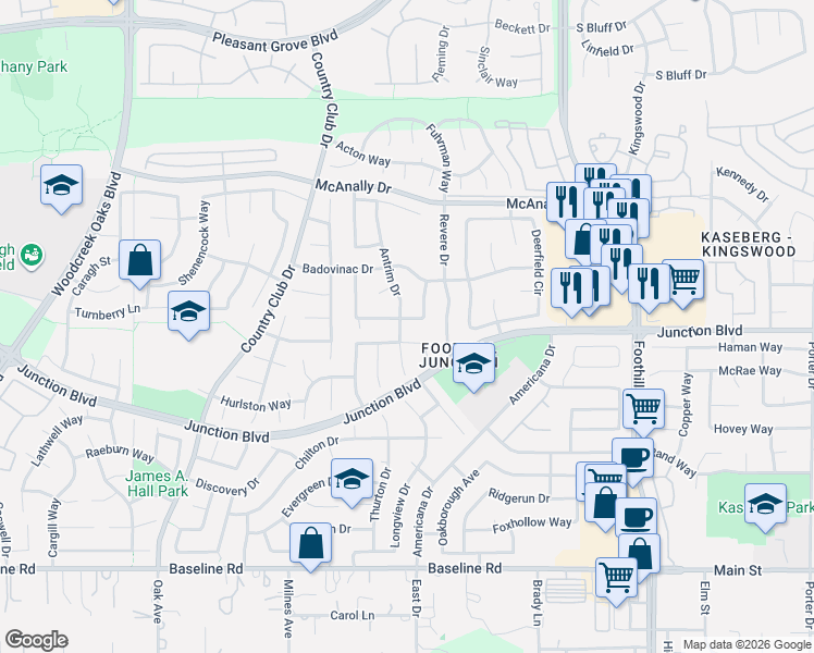 map of restaurants, bars, coffee shops, grocery stores, and more near 1406 Everett Way in Roseville