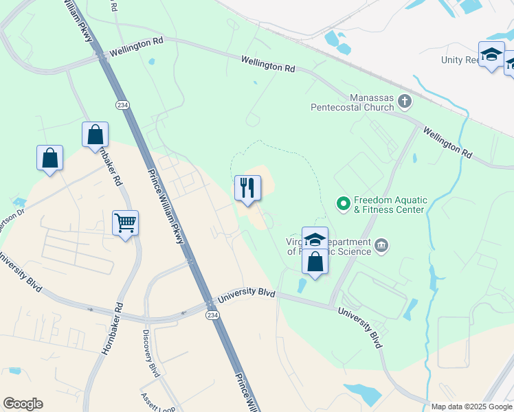 map of restaurants, bars, coffee shops, grocery stores, and more near 10920 George Mason Circle in Manassas