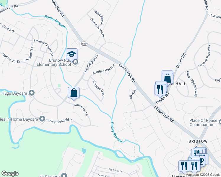 map of restaurants, bars, coffee shops, grocery stores, and more near 9081 Falcon Glen Court in Bristow