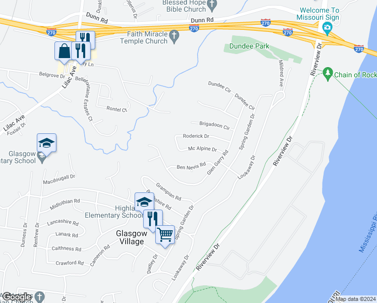 map of restaurants, bars, coffee shops, grocery stores, and more near 224 Roderick Drive in St. Louis