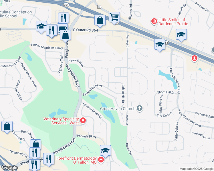 map of restaurants, bars, coffee shops, grocery stores, and more near 706 Falcon Hill Trail in O'Fallon