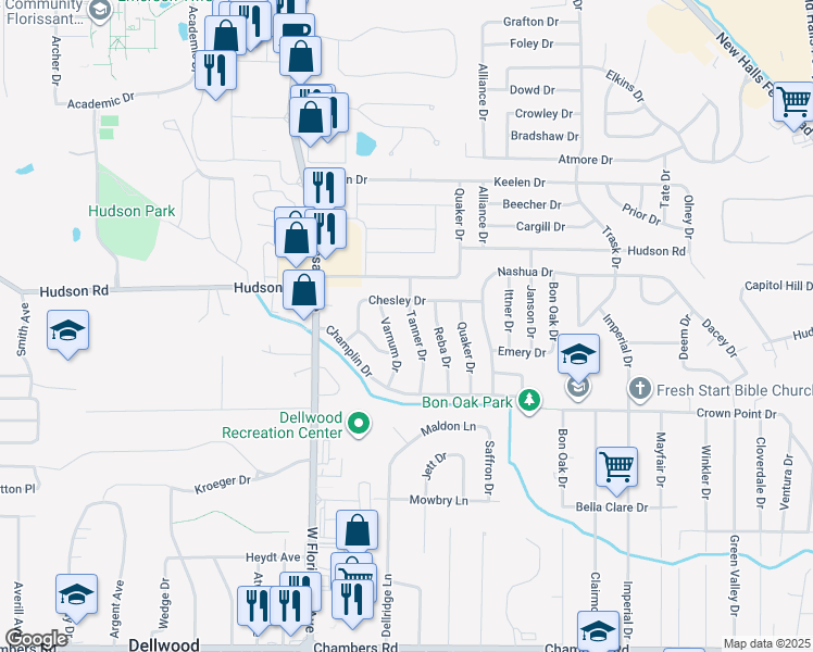 map of restaurants, bars, coffee shops, grocery stores, and more near 10315 Tanner Drive in St. Louis