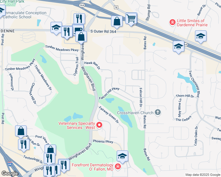 map of restaurants, bars, coffee shops, grocery stores, and more near 837 Hawk Run Trail in O'Fallon