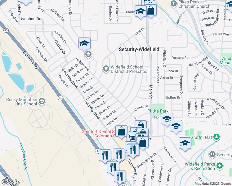 map of restaurants, bars, coffee shops, grocery stores, and more near 216 Davie Drive in Colorado Springs