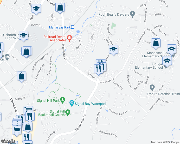 map of restaurants, bars, coffee shops, grocery stores, and more near 9037 Christopher Lane in Manassas Park