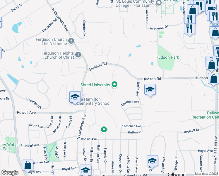 map of restaurants, bars, coffee shops, grocery stores, and more near 1107 Chatelet Drive in Ferguson
