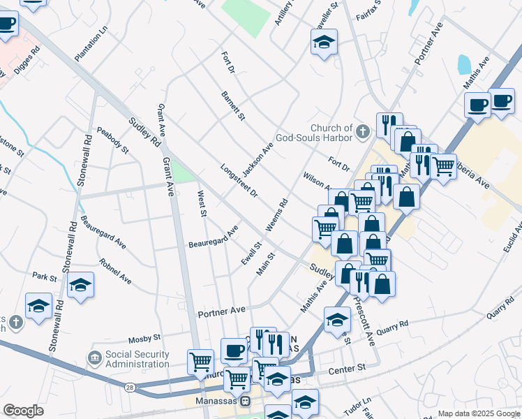 map of restaurants, bars, coffee shops, grocery stores, and more near 9010 Longstreet Drive in Manassas