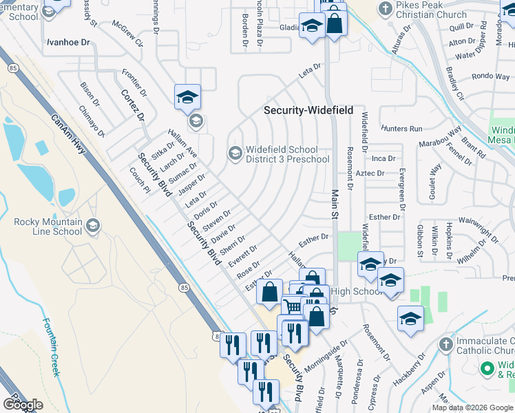 map of restaurants, bars, coffee shops, grocery stores, and more near 216 Davie Drive in Colorado Springs