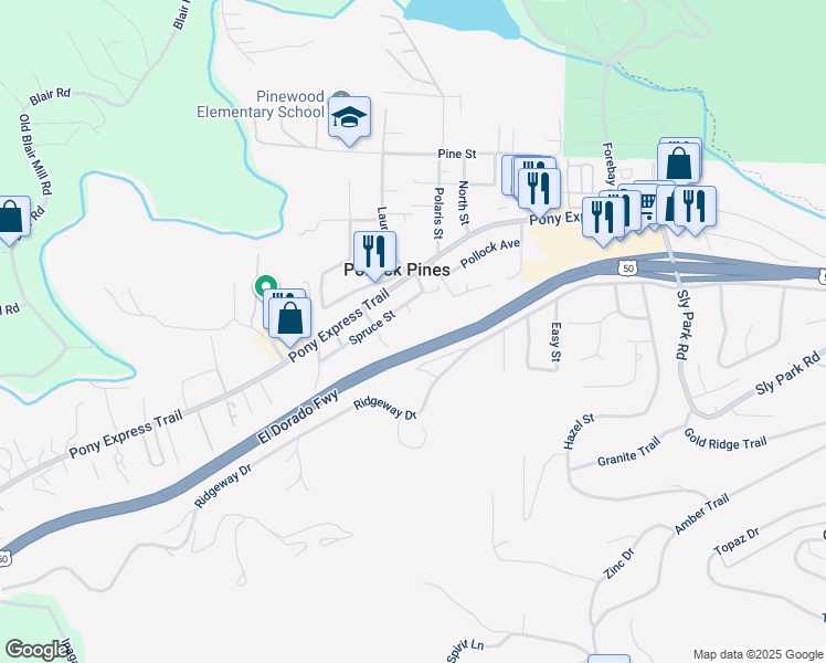 map of restaurants, bars, coffee shops, grocery stores, and more near 6256 Spruce Street in Pollock Pines