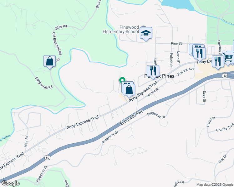 map of restaurants, bars, coffee shops, grocery stores, and more near 3020 Sanders Court in Pollock Pines