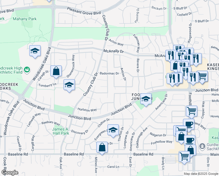 map of restaurants, bars, coffee shops, grocery stores, and more near 1447 Everett Way in Roseville