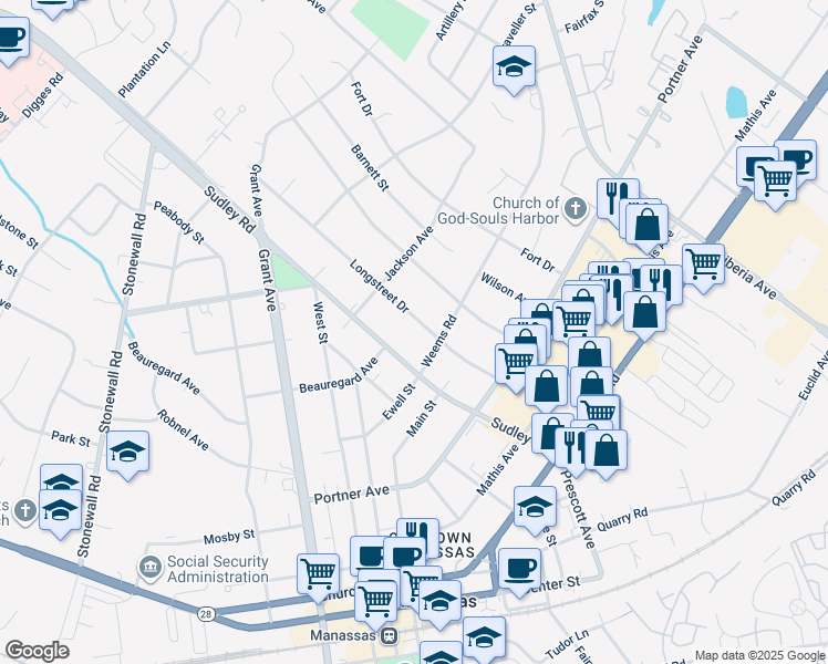 map of restaurants, bars, coffee shops, grocery stores, and more near 9010 Longstreet Drive in Manassas