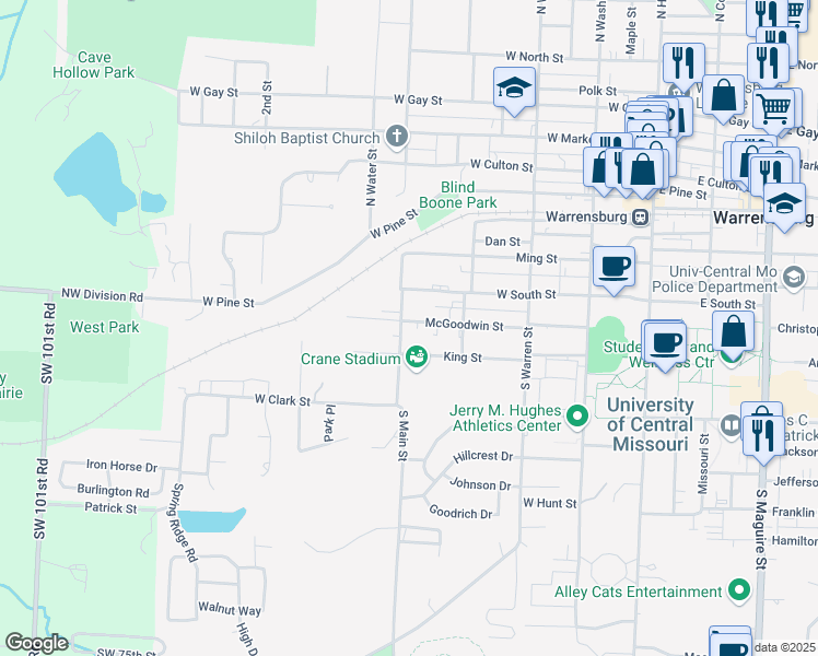 map of restaurants, bars, coffee shops, grocery stores, and more near 411 South Main Street in Warrensburg