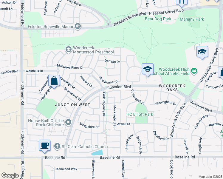 map of restaurants, bars, coffee shops, grocery stores, and more near 1600 Grouse Run Circle in Roseville
