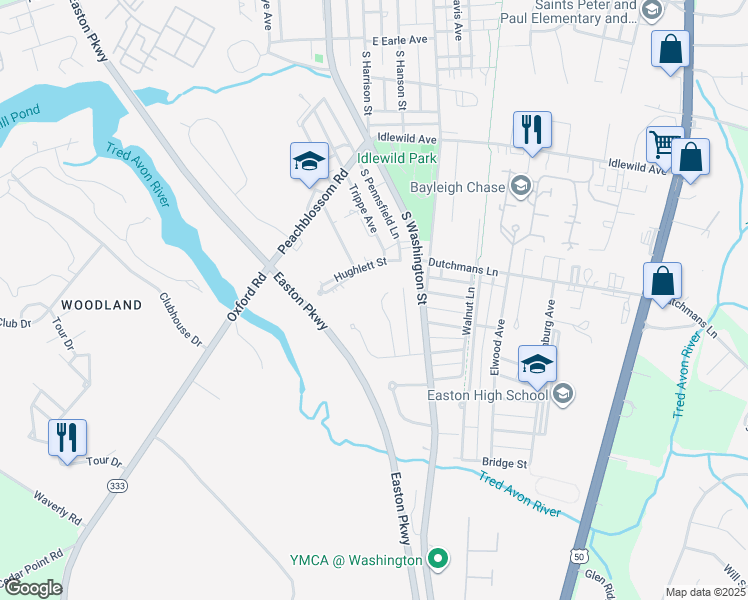 map of restaurants, bars, coffee shops, grocery stores, and more near 605 Windmill Road in Easton