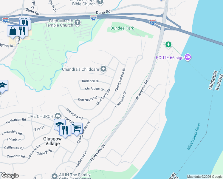 map of restaurants, bars, coffee shops, grocery stores, and more near 106 Roderick Drive in St. Louis