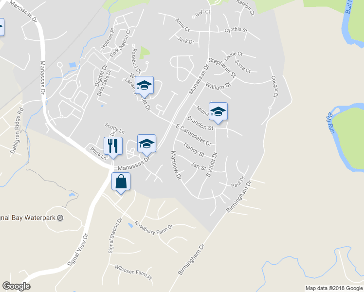 map of restaurants, bars, coffee shops, grocery stores, and more near 9300 Nancy Street in Manassas