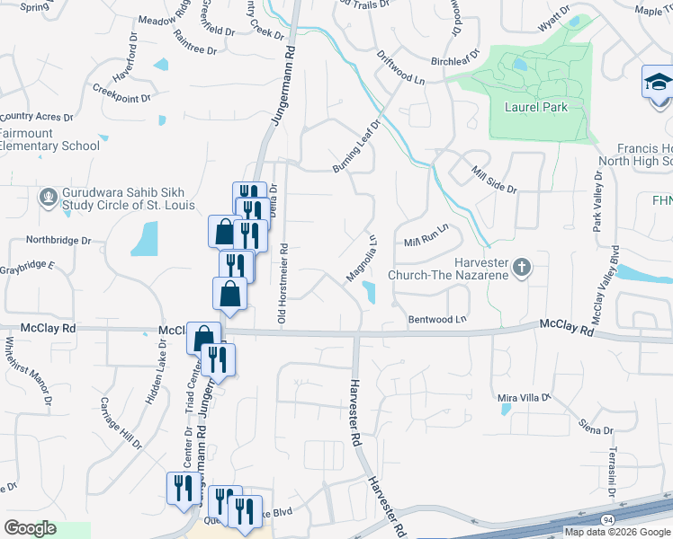 map of restaurants, bars, coffee shops, grocery stores, and more near 714 Green Ridge Lane in St. Peters