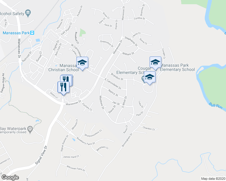map of restaurants, bars, coffee shops, grocery stores, and more near 9309 Nancy Street in Manassas Park
