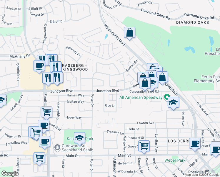 map of restaurants, bars, coffee shops, grocery stores, and more near 329 Hemphill Way in Roseville