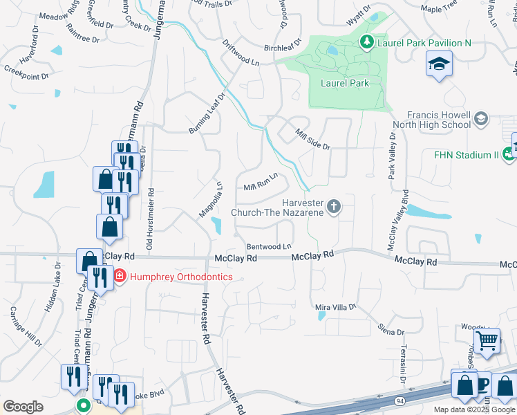 map of restaurants, bars, coffee shops, grocery stores, and more near 118 Mill Run Lane in Saint Peters
