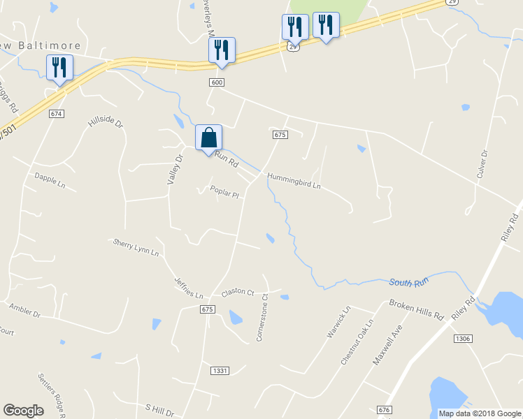 map of restaurants, bars, coffee shops, grocery stores, and more near 6601 Kelly Road in Warrenton