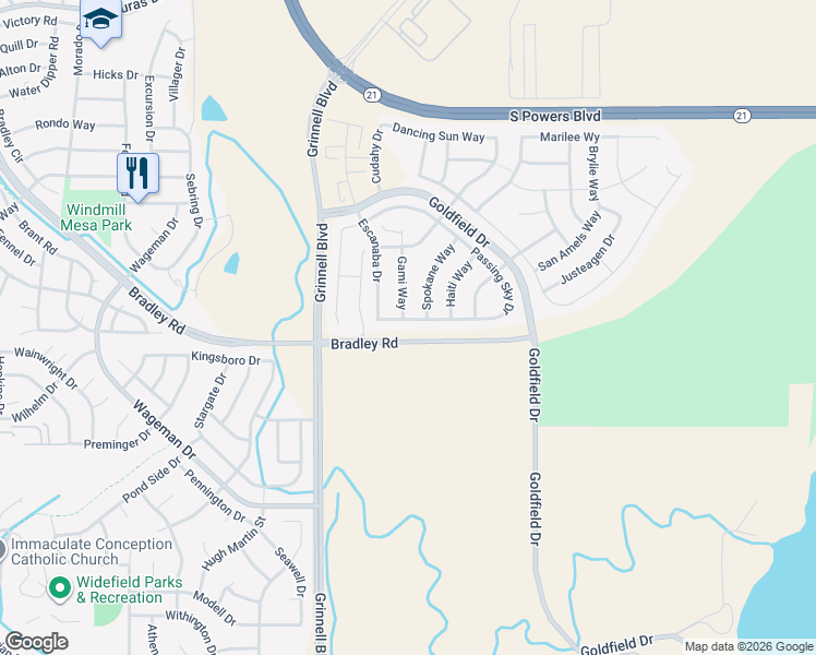 map of restaurants, bars, coffee shops, grocery stores, and more near 4986 Spokane Way in Colorado Springs