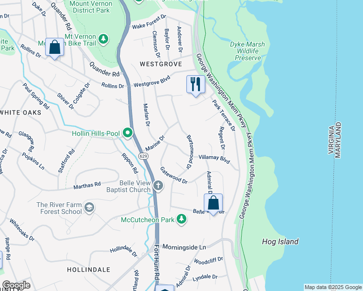 map of restaurants, bars, coffee shops, grocery stores, and more near 1212 Villamay Boulevard in Alexandria