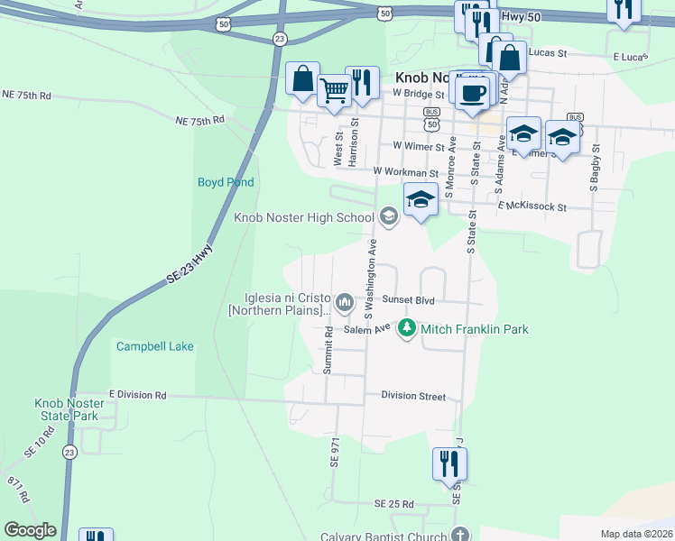 map of restaurants, bars, coffee shops, grocery stores, and more near 600 South Washington Avenue in Knob Noster