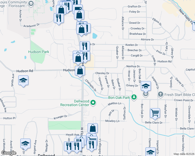 map of restaurants, bars, coffee shops, grocery stores, and more near 1532 Chesley Drive in St. Louis