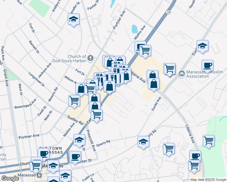 map of restaurants, bars, coffee shops, grocery stores, and more near 9209 Peabody Street in Manassas