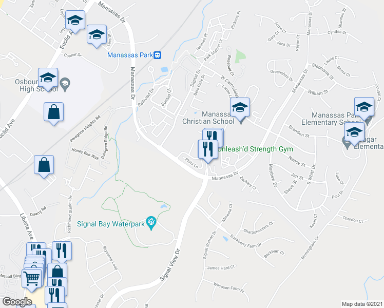 map of restaurants, bars, coffee shops, grocery stores, and more near 9065 Christopher Lane in Manassas Park
