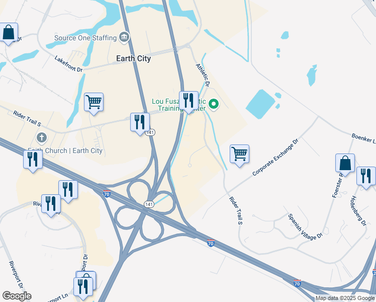 map of restaurants, bars, coffee shops, grocery stores, and more near 125 Corporate Office Drive in Earth City