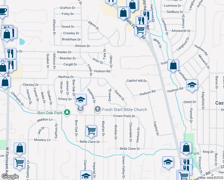 map of restaurants, bars, coffee shops, grocery stores, and more near 10336 Deem Drive in St. Louis