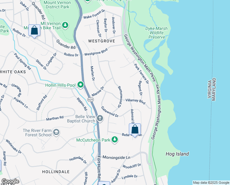 map of restaurants, bars, coffee shops, grocery stores, and more near 1212 Villamay Boulevard in Alexandria