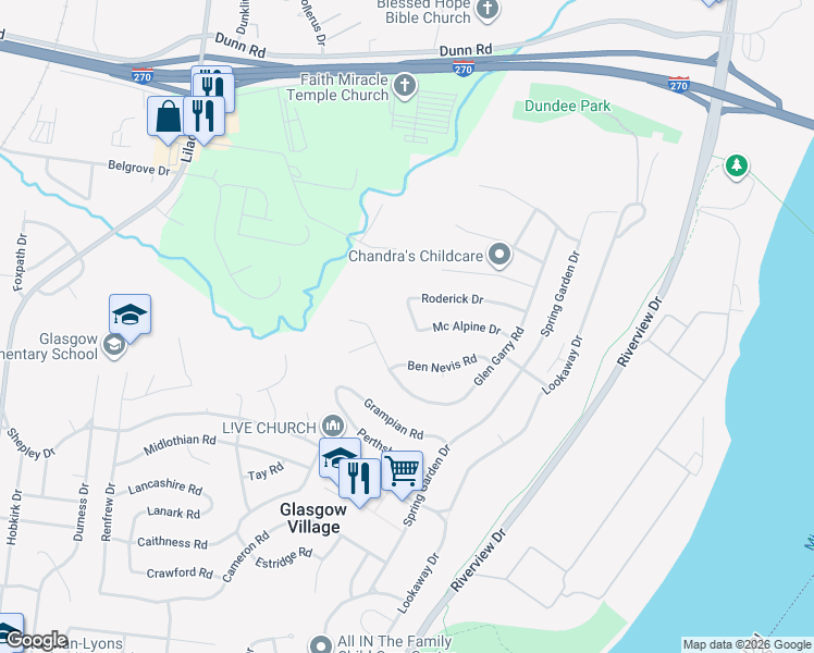 map of restaurants, bars, coffee shops, grocery stores, and more near 265 Roderick Drive in St. Louis