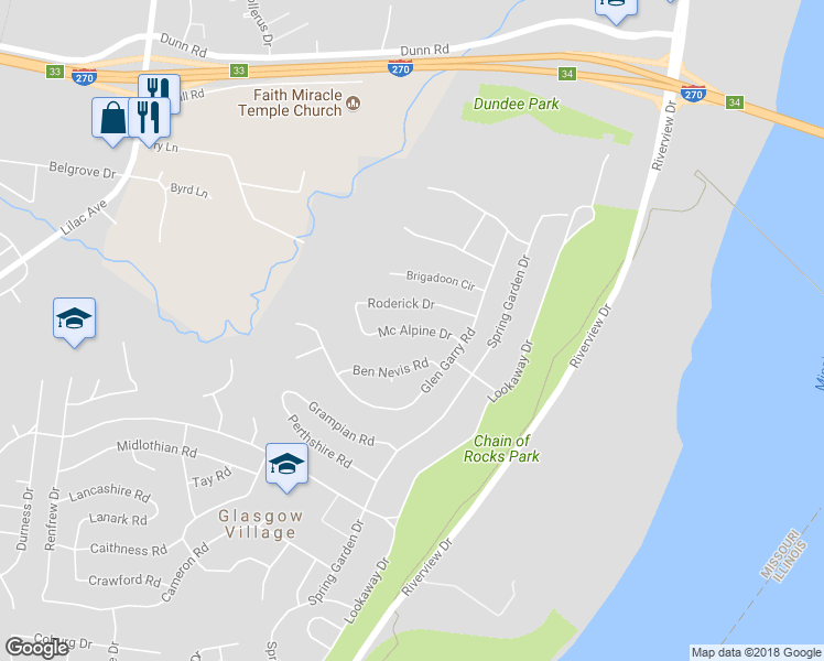 map of restaurants, bars, coffee shops, grocery stores, and more near 204 Mcalpine Drive in St. Louis