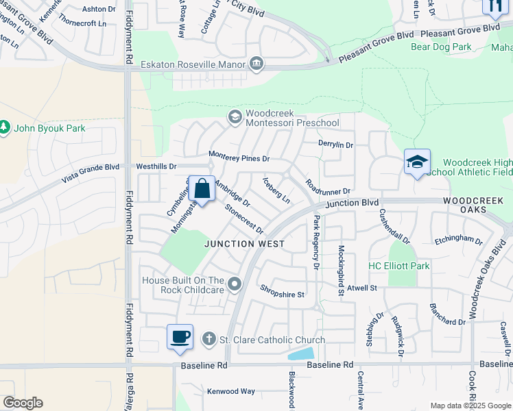 map of restaurants, bars, coffee shops, grocery stores, and more near 1856 Ambridge Drive in Roseville