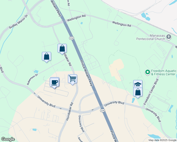 map of restaurants, bars, coffee shops, grocery stores, and more near 11272 Dorothy Vaughan Road in Manassas