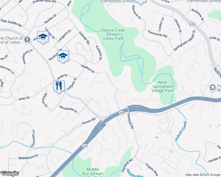 map of restaurants, bars, coffee shops, grocery stores, and more near 7229 Hadlow Drive in Springfield