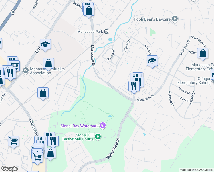 map of restaurants, bars, coffee shops, grocery stores, and more near 9481 Manassas Drive in Manassas