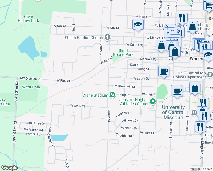map of restaurants, bars, coffee shops, grocery stores, and more near 411 South Main Street in Warrensburg