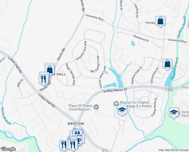 map of restaurants, bars, coffee shops, grocery stores, and more near 12845 Victory Lakes Loop in Bristow