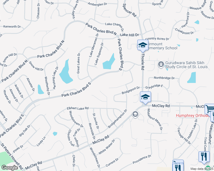 map of restaurants, bars, coffee shops, grocery stores, and more near 34 Lakemont Drive in Saint Charles