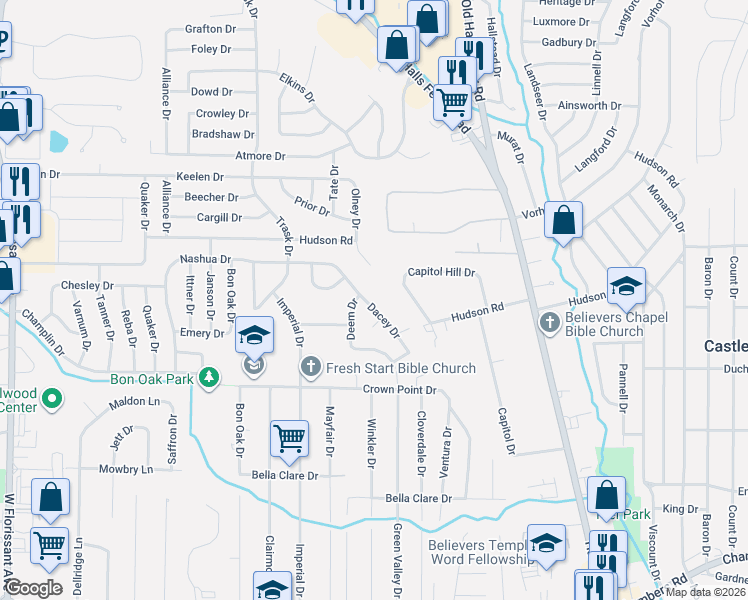 map of restaurants, bars, coffee shops, grocery stores, and more near 10401 Olney Drive in St. Louis