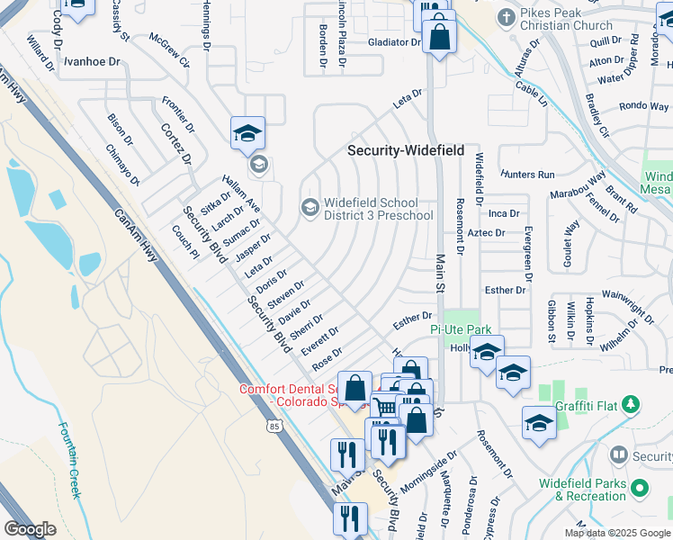 map of restaurants, bars, coffee shops, grocery stores, and more near 205 Davie Drive in Colorado Springs