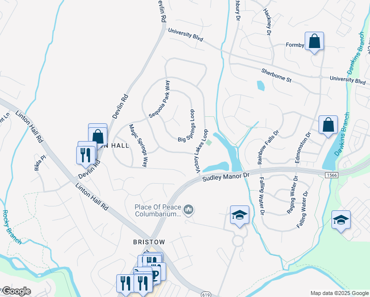 map of restaurants, bars, coffee shops, grocery stores, and more near 12845 Victory Lakes Loop in Bristow