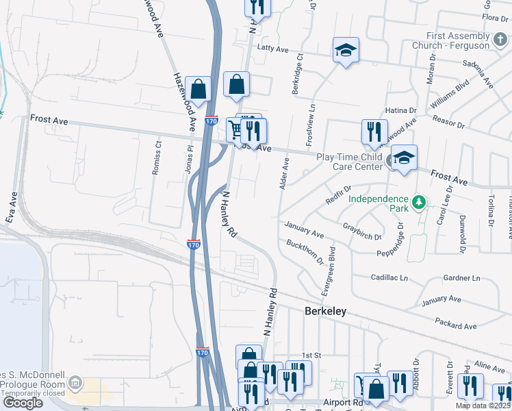 map of restaurants, bars, coffee shops, grocery stores, and more near 6452 North Hanley Road in Berkeley