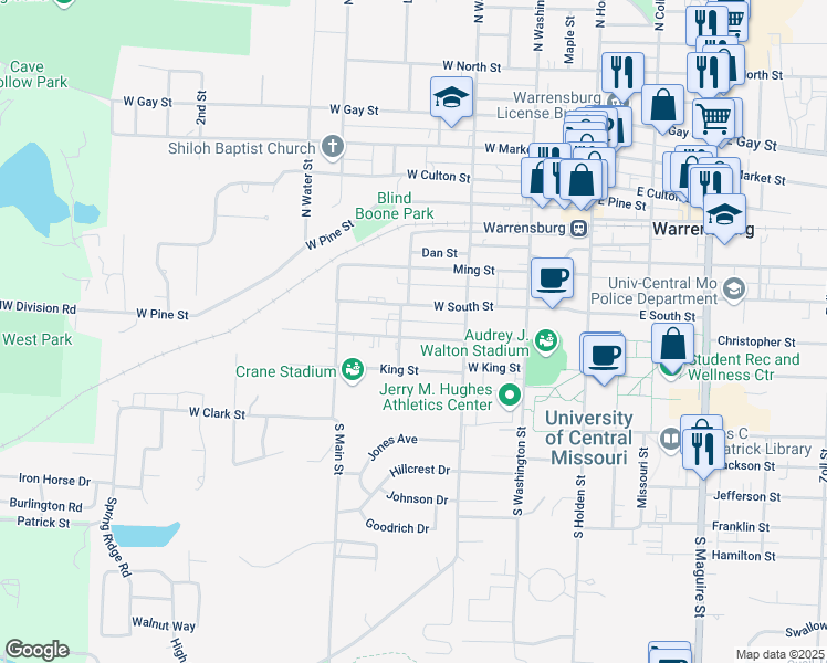 map of restaurants, bars, coffee shops, grocery stores, and more near 323 McGoodwin Street in Warrensburg